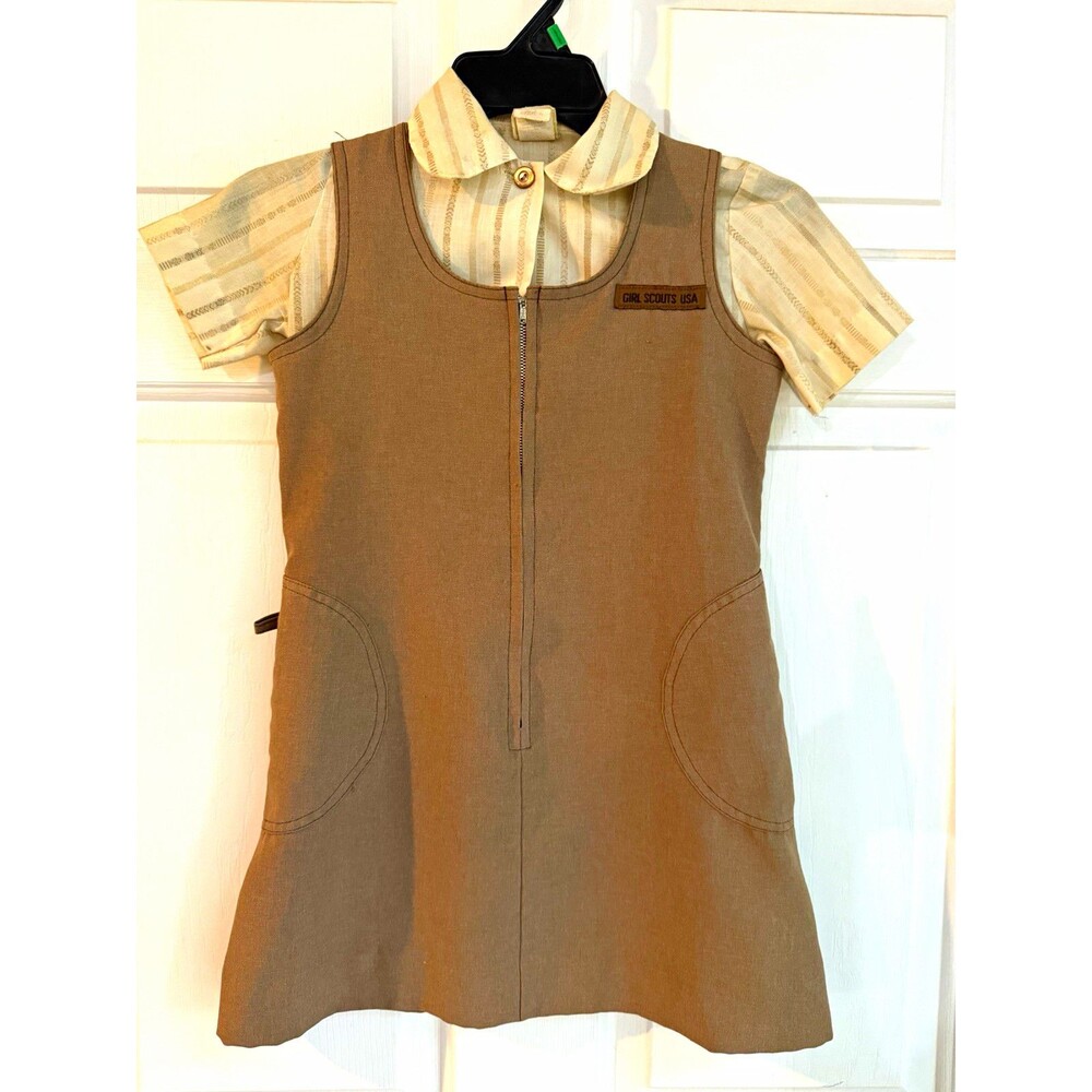 Vintage Girl Scouts USA Brown/Tan Uniform Jumper Dress Size 6 and Striped Blouse